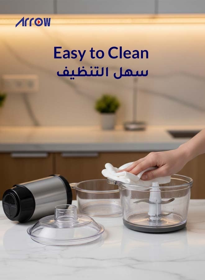 Arrow 2 Litre Glass Bowl Chopper, 500W | Stainless Steel Double Blade | Two Liter Glass Bowl | Stainless Steel Body | White Color |Two Speeds | Safety switch |Easy Cleaning | Model Name: RO-FPW02L1 - Image 3